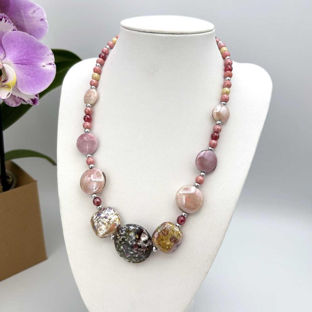 Necklace Of Majorcan Pearls Round Flat 12mm With Multicolor Brass Clasp  Mod.1 44-49cm