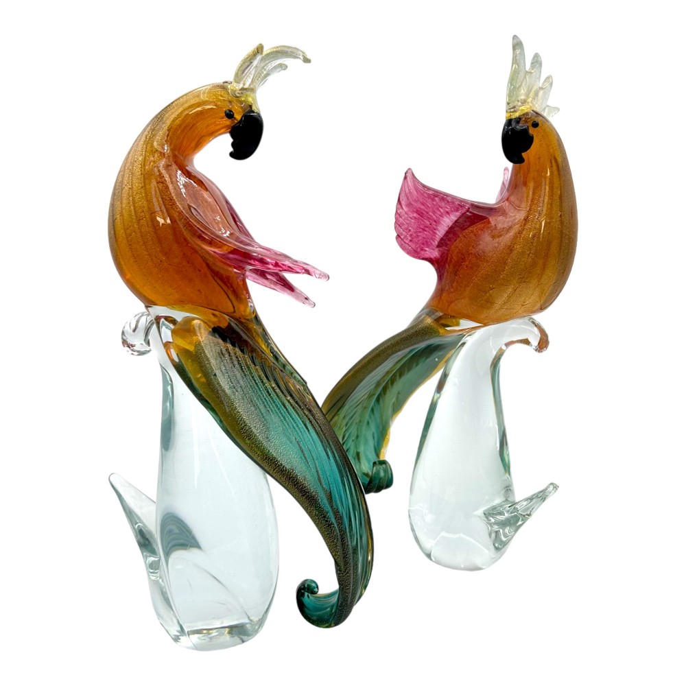 BINTI - Pair of Cockatoo Parrots decorated with GOLD Contemporary statue in Murano glass